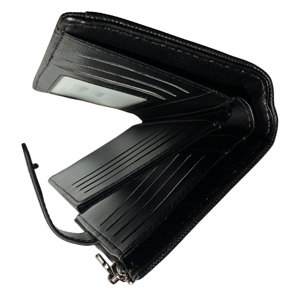 Vivace Wallet: Medium BLACK Soft Canvas Purse with PU Leather Trim TOP UNCIPPED