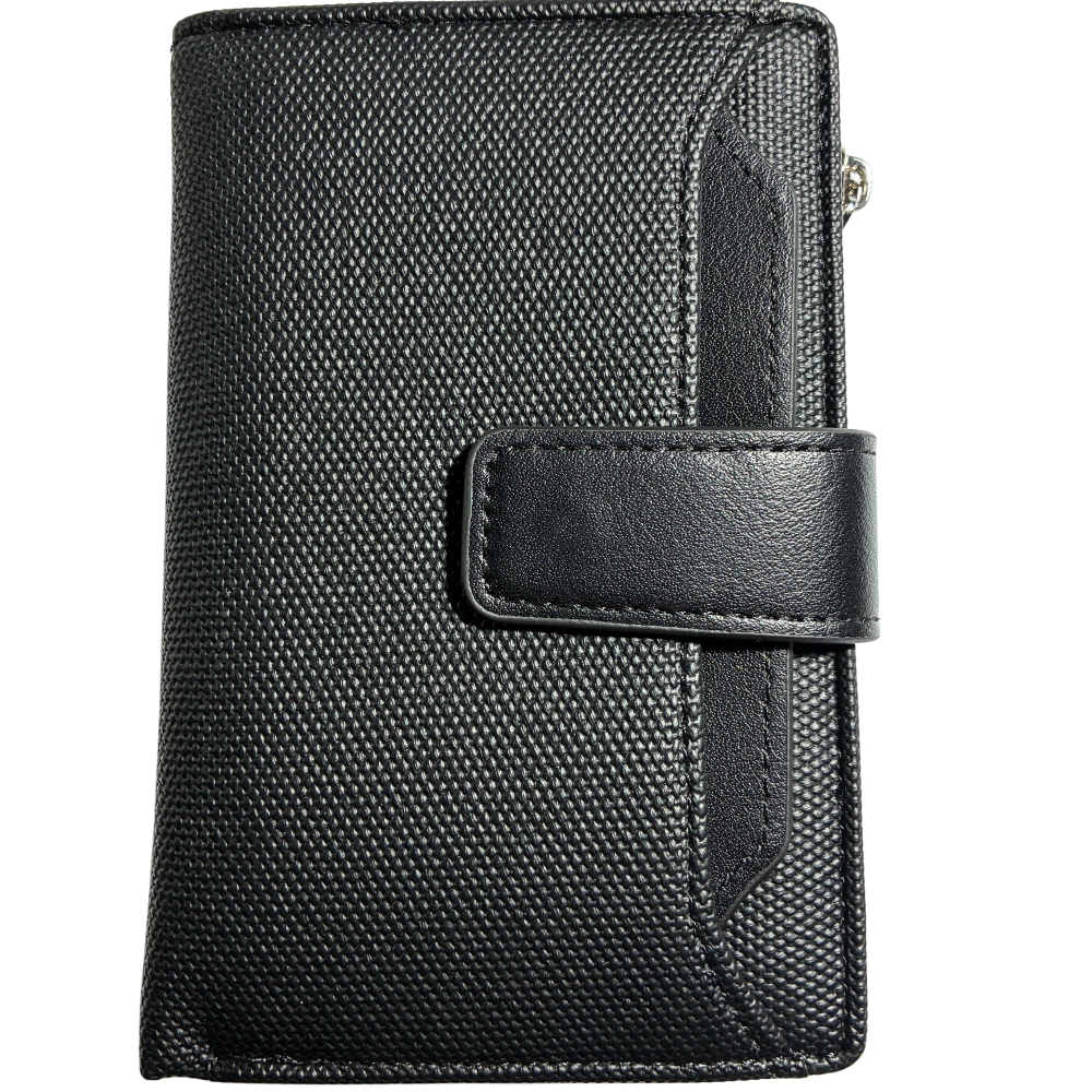 Vivace Wallet: Medium BLACK Soft Canvas Purse with PU Leather Trim front