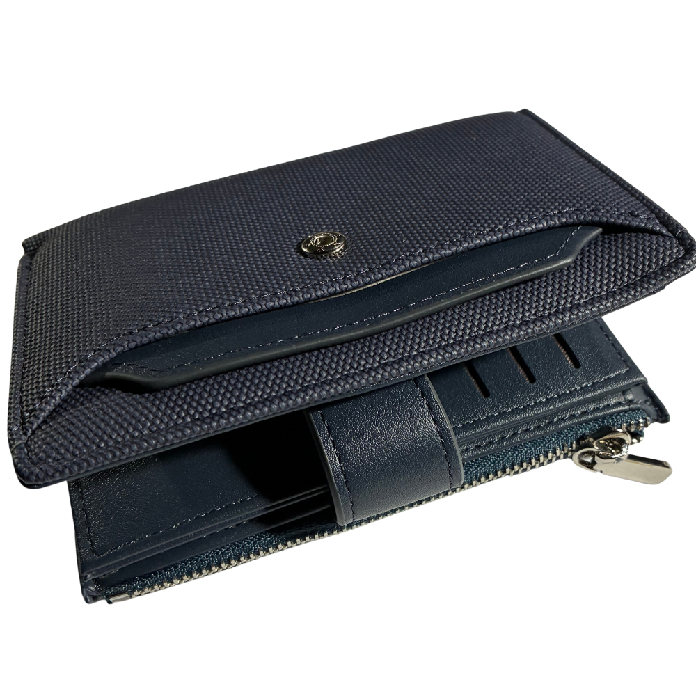 Vivace Wallet: Medium BLUE Soft Canvas Purse with PU Leather Trim FRONT UNCLIPPED