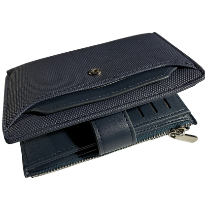Vivace Wallet: Medium BLUE Soft Canvas Purse with PU Leather Trim FRONT UNCLIPPED