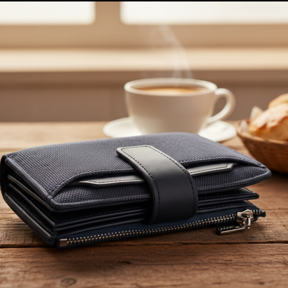 Vivace Wallet: Medium BLUE Soft Canvas Purse with PU Leather Trim HERO