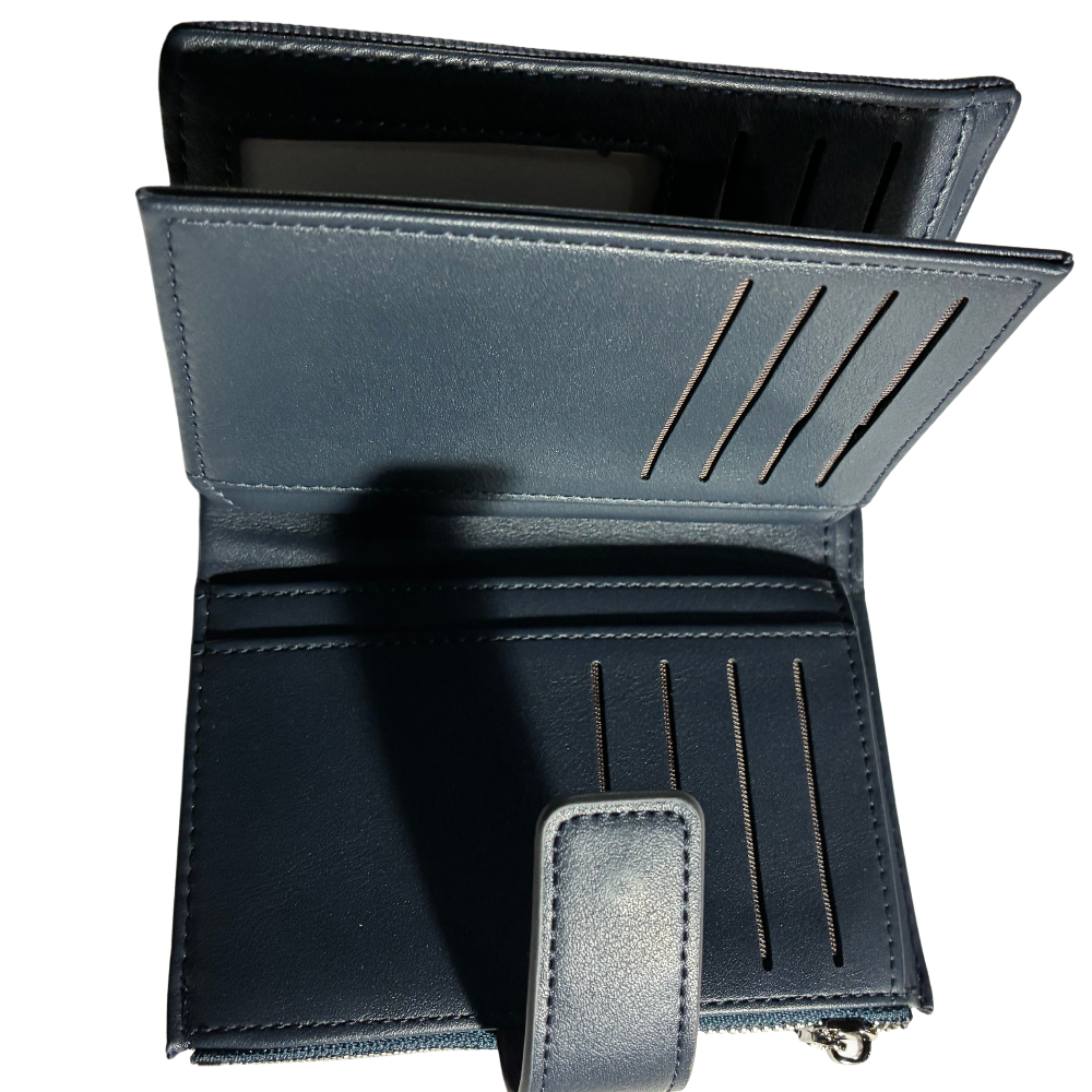 Vivace Wallet: Medium BLUE Soft Canvas Purse with PU Leather Trim OPEN CARD POCKET VIEW