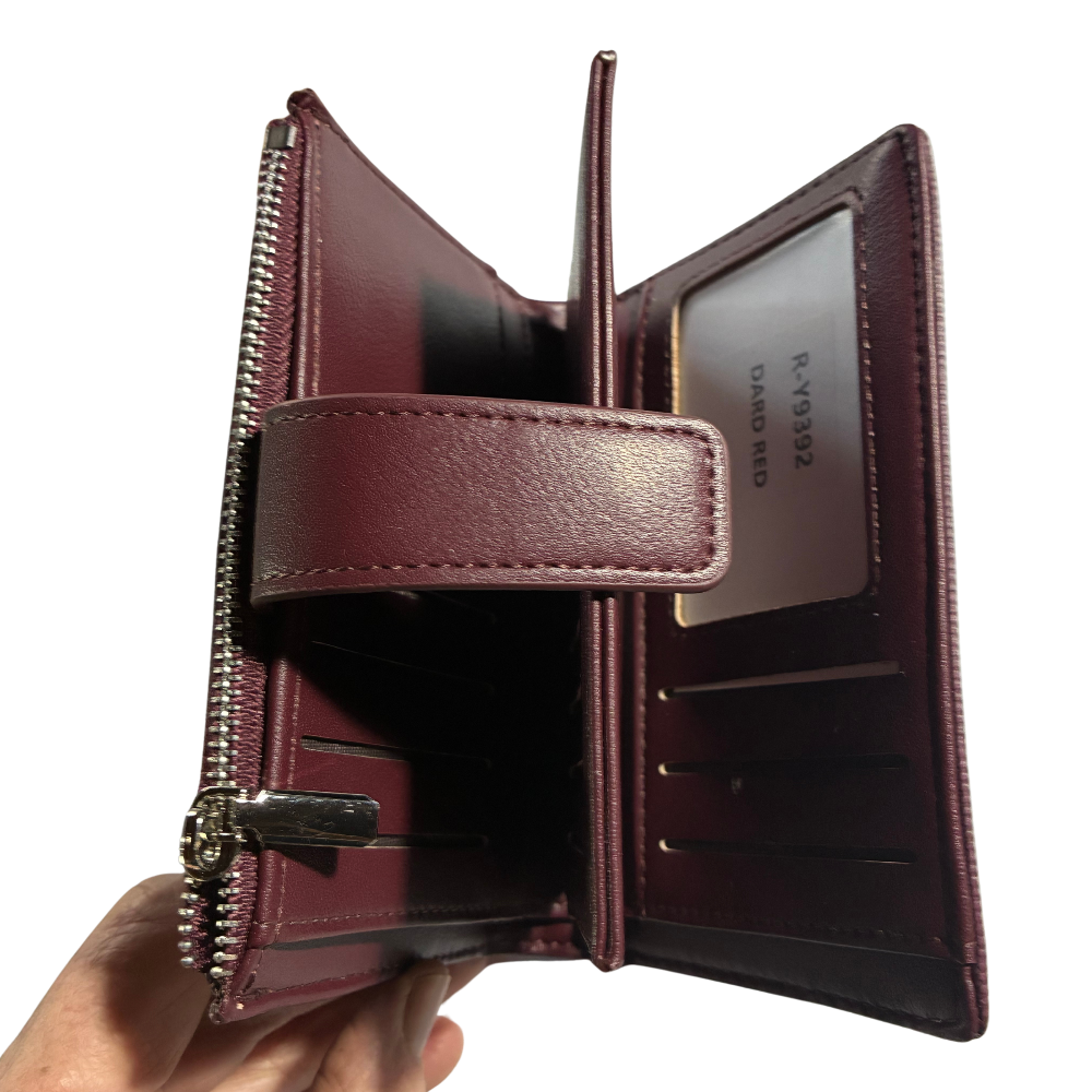 Vivace Wallet: Medium BURGUNDY Soft Canvas Purse with PU Leather Trim open fold view