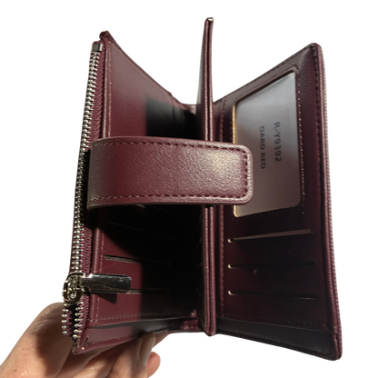 Vivace Wallet: Medium BURGUNDY Soft Canvas Purse with PU Leather Trim open fold view