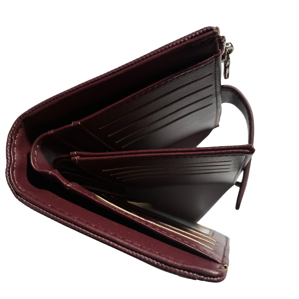 Vivace Wallet: Medium BURGUNDY Soft Canvas Purse with PU Leather Trim open top fold view