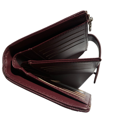 Vivace Wallet: Medium BURGUNDY Soft Canvas Purse with PU Leather Trim open top fold view
