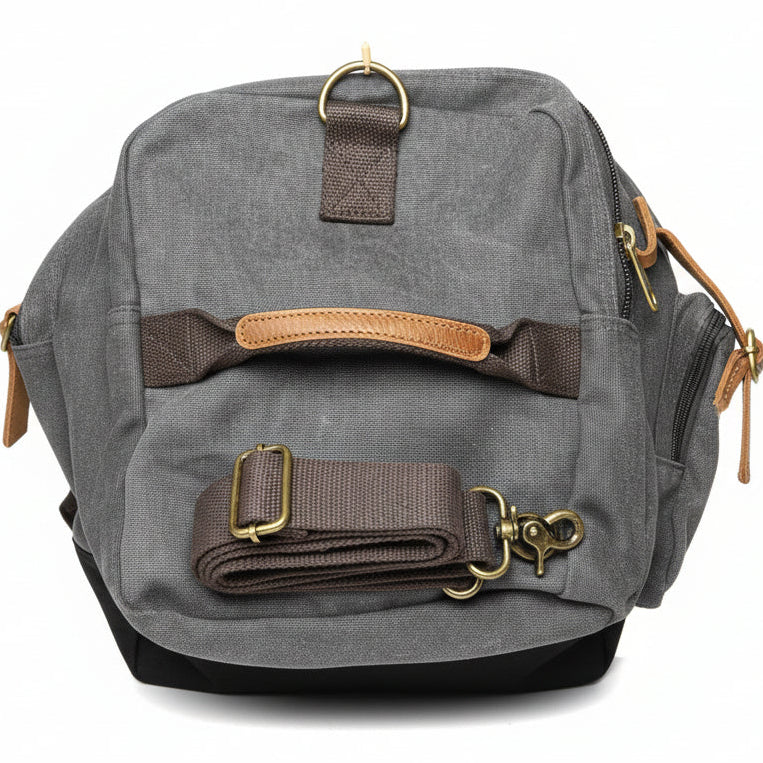 Vivace Weekender Travel Bag: CHARCOAL Canvas and Brown Genuine Leather Duffel Bag SIDE VIEW