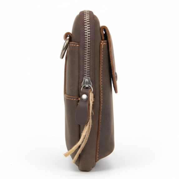 Vivace leather sling wallet –  Vivace Mini Sling Bag: COFFEE BROWN Genuine Leather Compact Crossbody with Adjustable Strap - SIDE