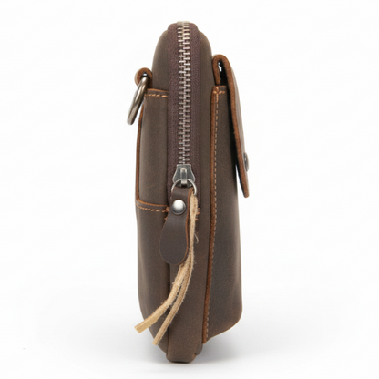 Vivace leather sling wallet –  Vivace Mini Sling Bag: COFFEE BROWN Genuine Leather Compact Crossbody with Adjustable Strap - SIDE