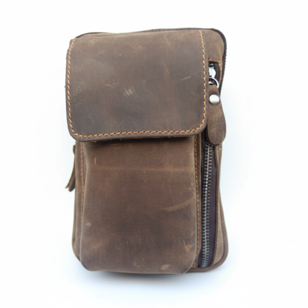Vivace leather sling wallet – Vivace Mini Sling Bag: FOREST BROWN Genuine Leather Compact Crossbody with Adjustable Strap FRONT
