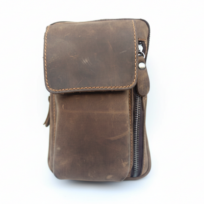 Vivace leather sling wallet – Vivace Mini Sling Bag: FOREST BROWN Genuine Leather Compact Crossbody with Adjustable Strap FRONT