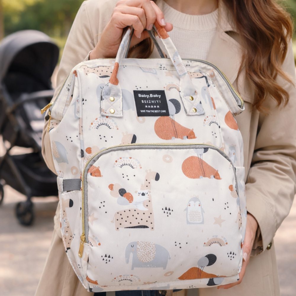 Beizhiyi Nappy Bag: CREAM PVC Baby Backpack with Twin Handles and ANIMAL PRINT