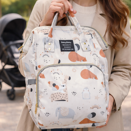 Beizhiyi Nappy Bag: CREAM PVC Baby Backpack with Twin Handles and ANIMAL PRINT