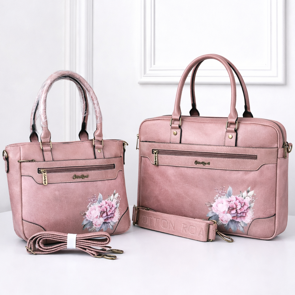 Cotton Road pink floral matching work set with PU leather handbag and laptop bag for office use