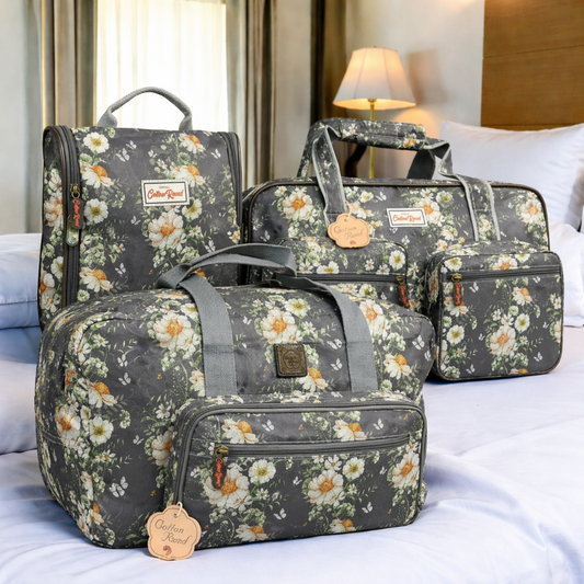 Cotton Road 3-piece travel set dark grey ivory floral weekender overnight and toiletry bags at We Sell Bags South Africa