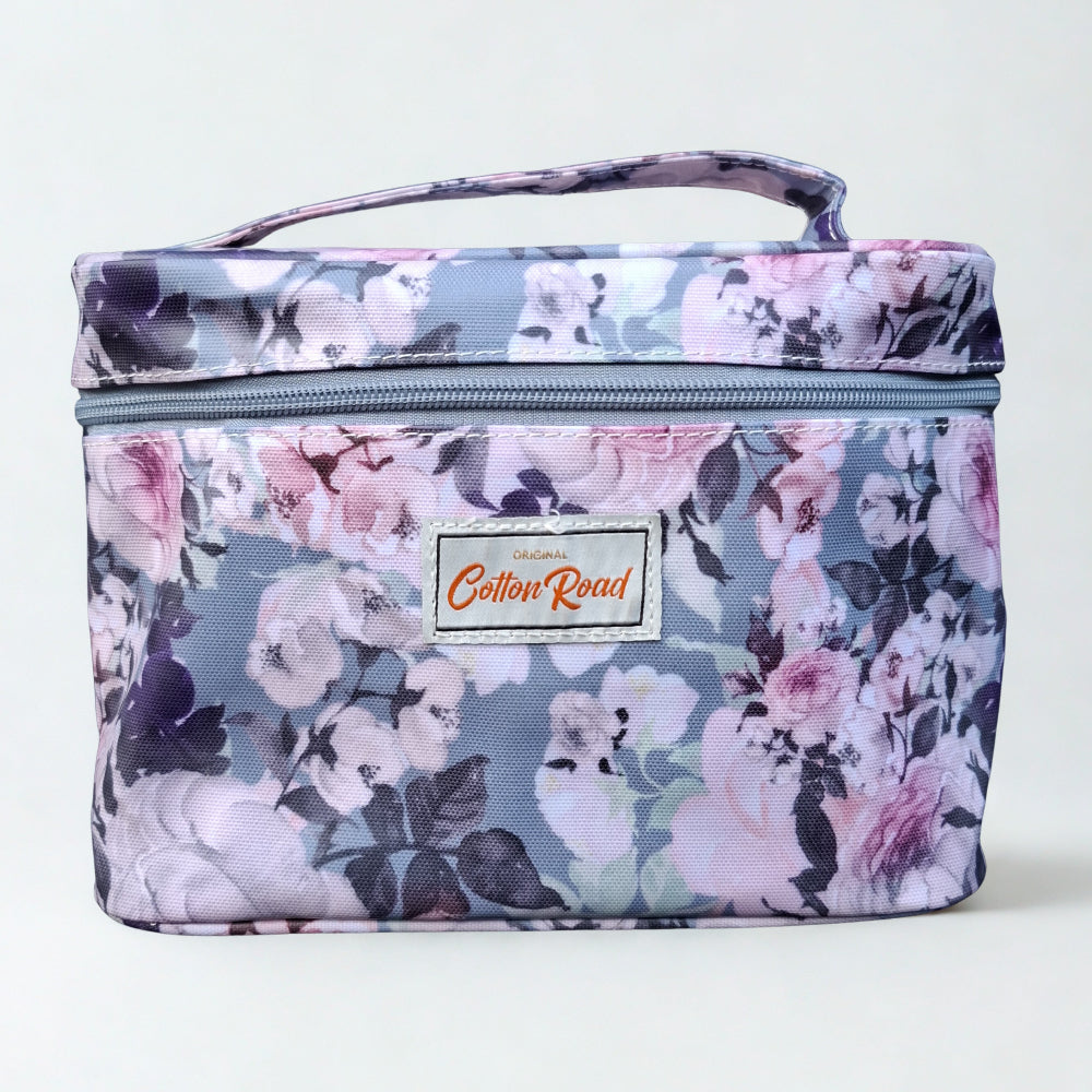Cotton Road 3-Piece Vanity Set: BLUE GREY PVC Cosmetic Bag Set with FLOWERS