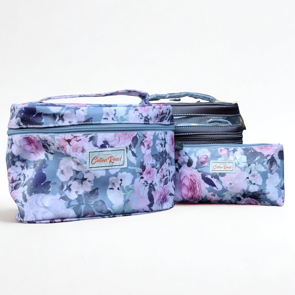 Cotton Road 3-Piece Vanity Set: BLUE GREY PVC Cosmetic Bag Set with FLOWERS