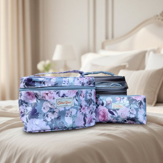 Cotton Road 3-Piece Vanity Set: BLUE GREY PVC Cosmetic Bag Set with FLOWERS