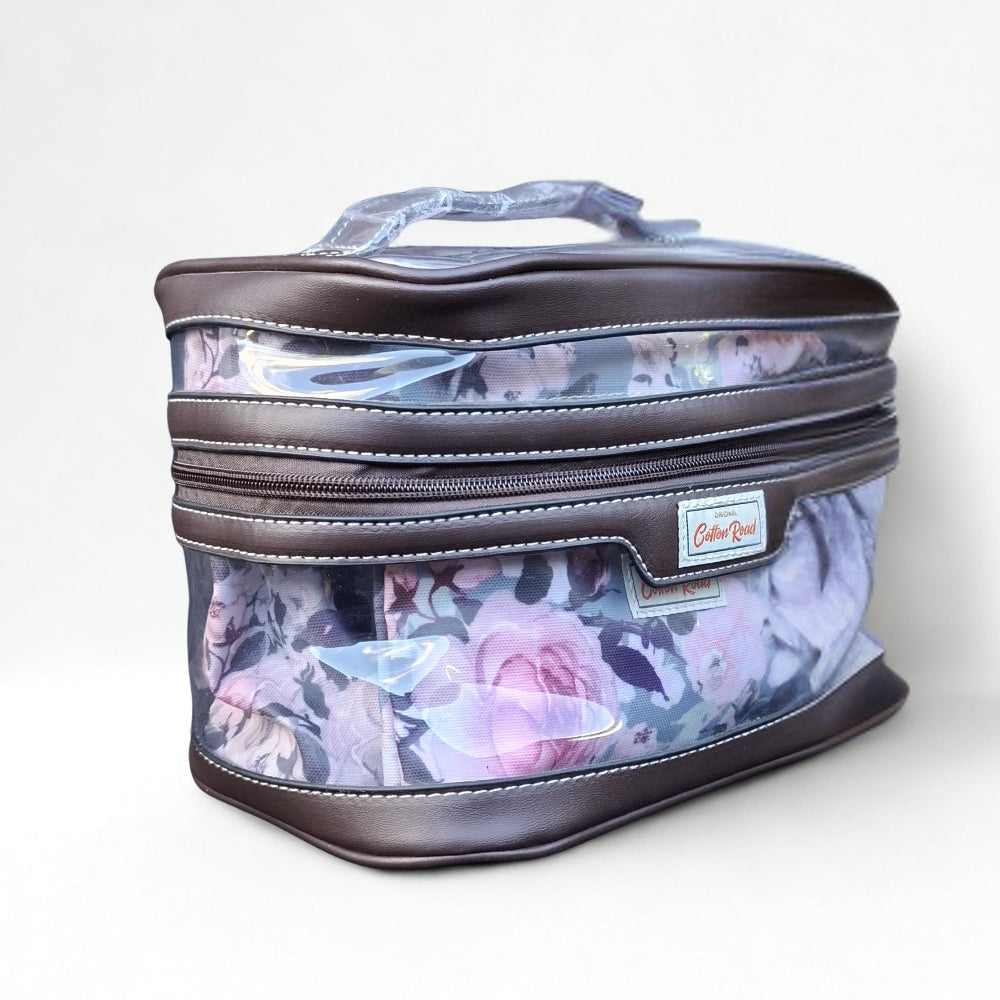 Cotton Road 3-Piece Vanity Set: BLUE GREY PVC Cosmetic Bag Set with FLOWERS