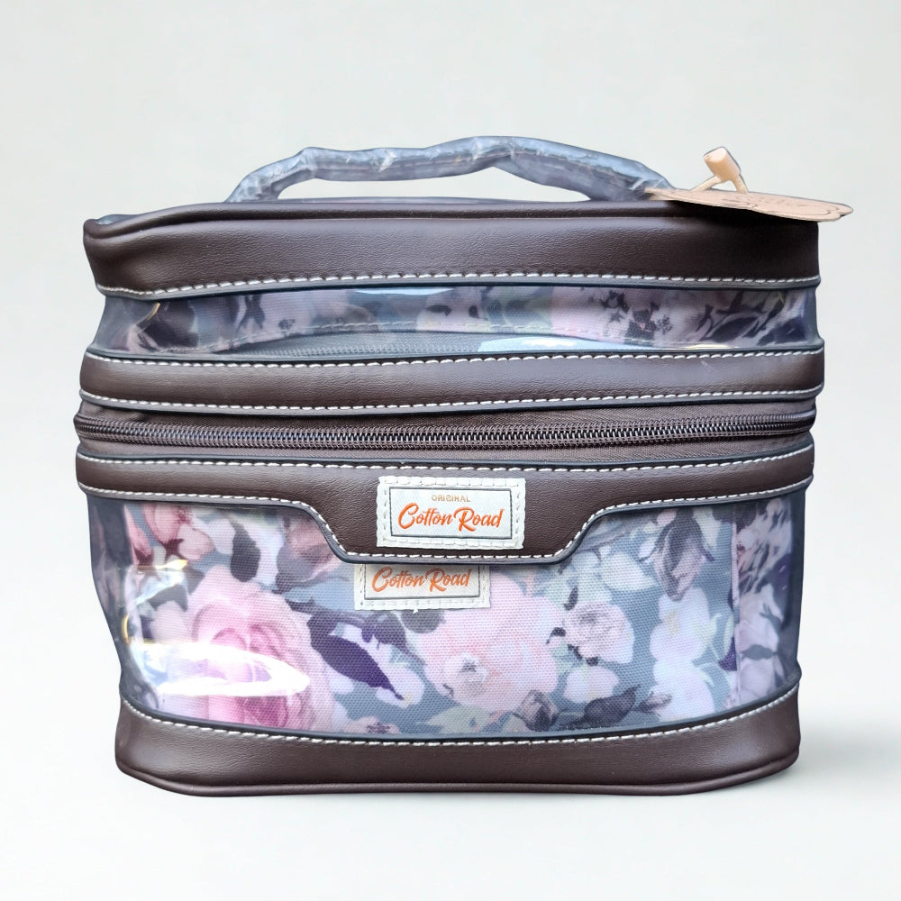 Cotton Road 3-Piece Vanity Set: BLUE GREY PVC Cosmetic Bag Set with FLOWERS