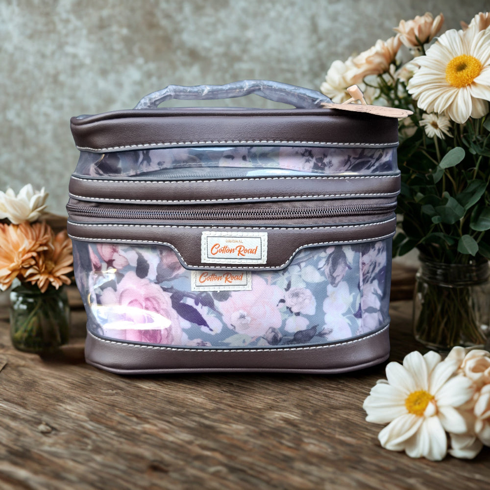 Cotton Road 3-Piece Vanity Set: BLUE GREY PVC Cosmetic Bag Set with FLOWERS