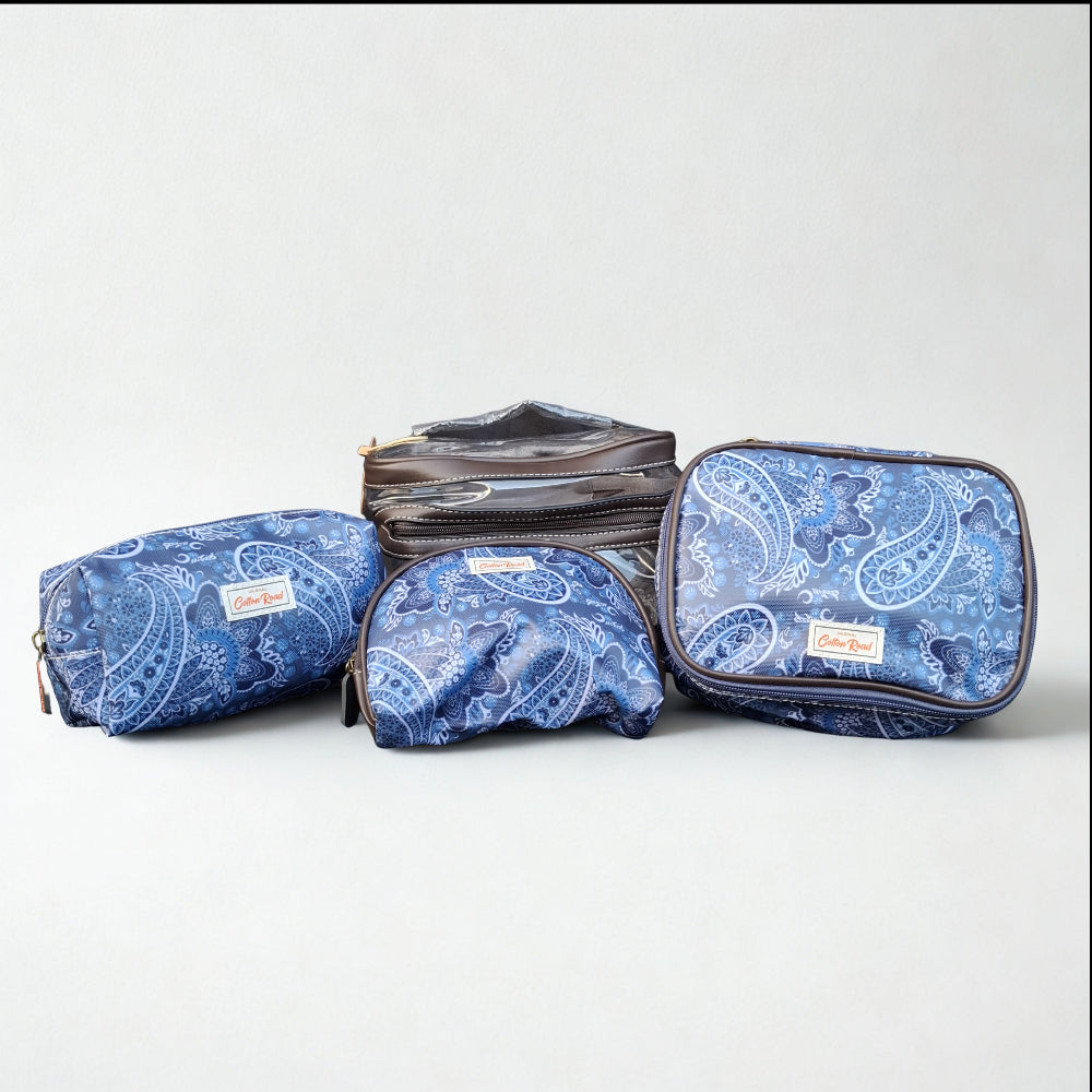 Cotton Road 4-Piece Vanity Set: BLUE PAISLEY PVC Cosmetic Bag Set