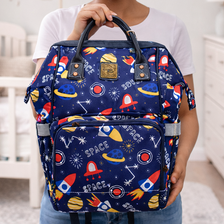 Cotton Road Nappy Bag: BLUE PVC Baby Backpack with SPACE THEME