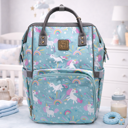 Cotton Road Nappy Bag: MINT GREEN PVC Baby Backpack with UNICORN THEME
