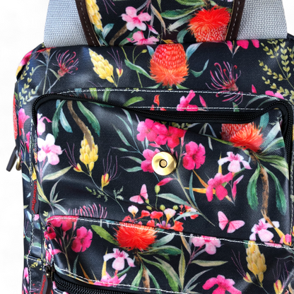 Cotton Road Backpack : BLACK FLORAL PVC Handbag/Backpack with TWIN HANDLES