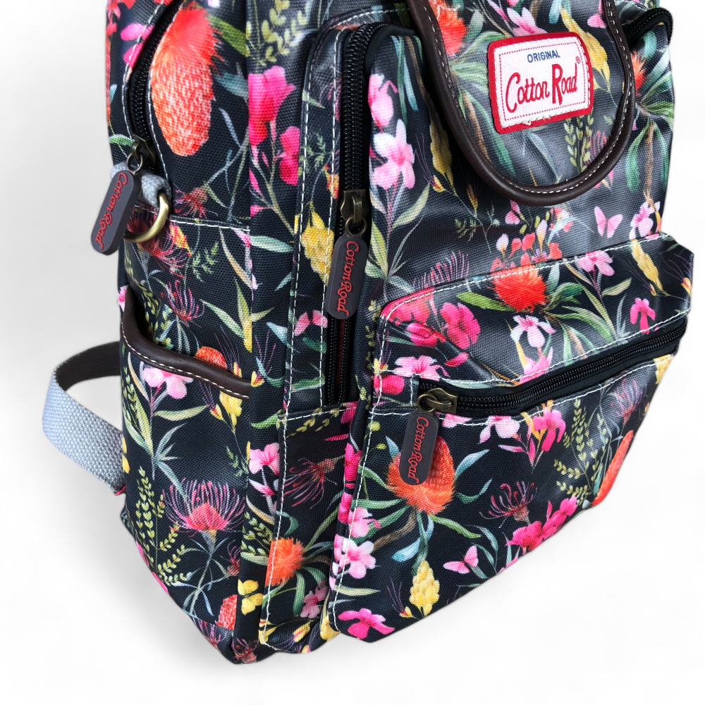 Cotton Road Backpack : BLACK FLORAL PVC Handbag/Backpack with TWIN HANDLES