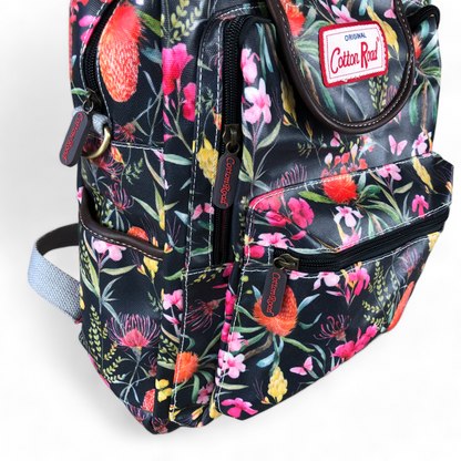 Cotton Road Backpack : BLACK FLORAL PVC Handbag/Backpack with TWIN HANDLES