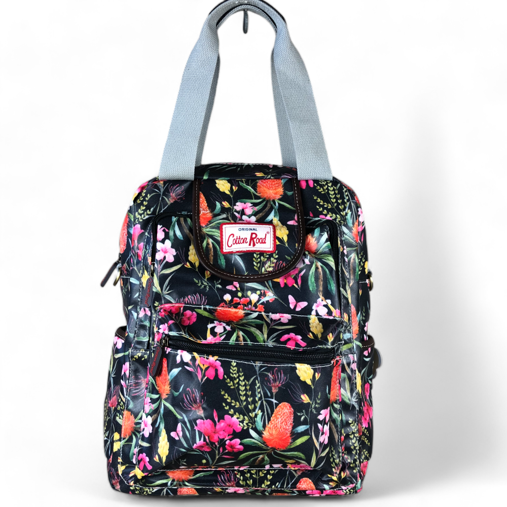 Cotton Road Backpack : BLACK FLORAL PVC Handbag/Backpack with TWIN HANDLES