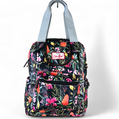 Cotton Road Backpack : BLACK FLORAL PVC Handbag/Backpack with TWIN HANDLES