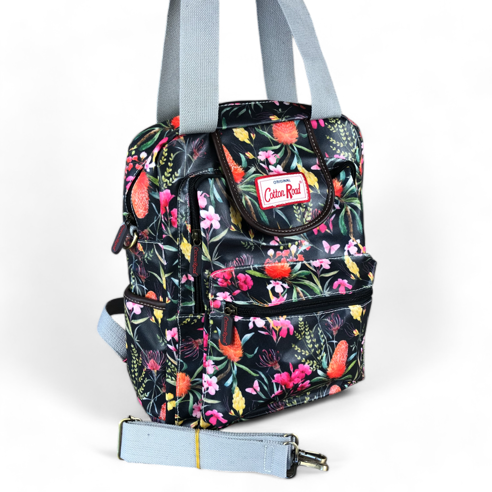 Cotton Road Backpack : BLACK FLORAL PVC Handbag/Backpack with TWIN HANDLES