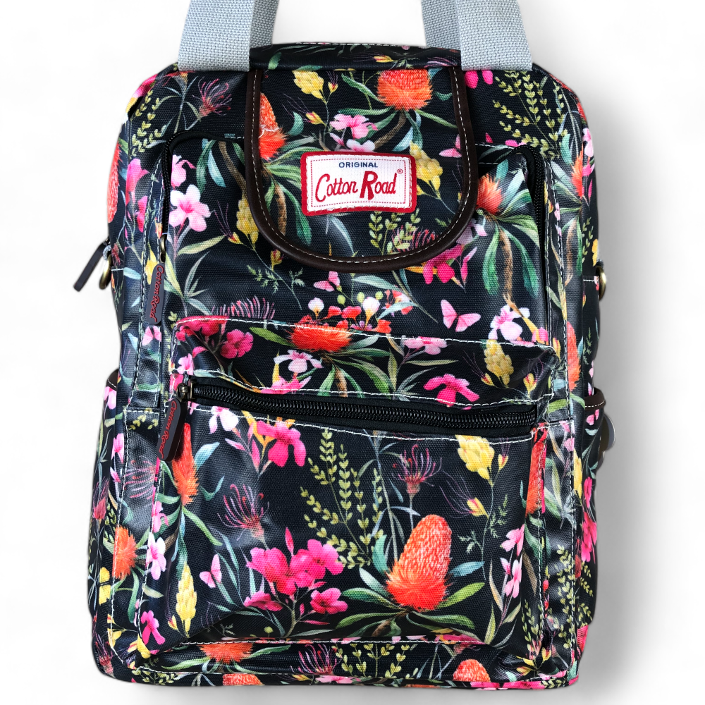 Cotton Road Backpack : BLACK FLORAL PVC Handbag/Backpack with TWIN HANDLES