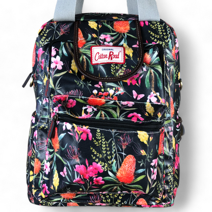 Cotton Road Backpack : BLACK FLORAL PVC Handbag/Backpack with TWIN HANDLES