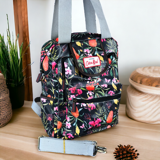 Cotton Road Backpack : BLACK FLORAL PVC Handbag/Backpack with TWIN HANDLES