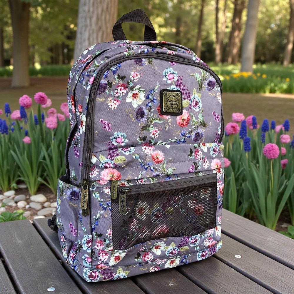 Cotton Road Backpack: BROWN FLORAL Padded Canvas Backpack for 15'6" Laptop