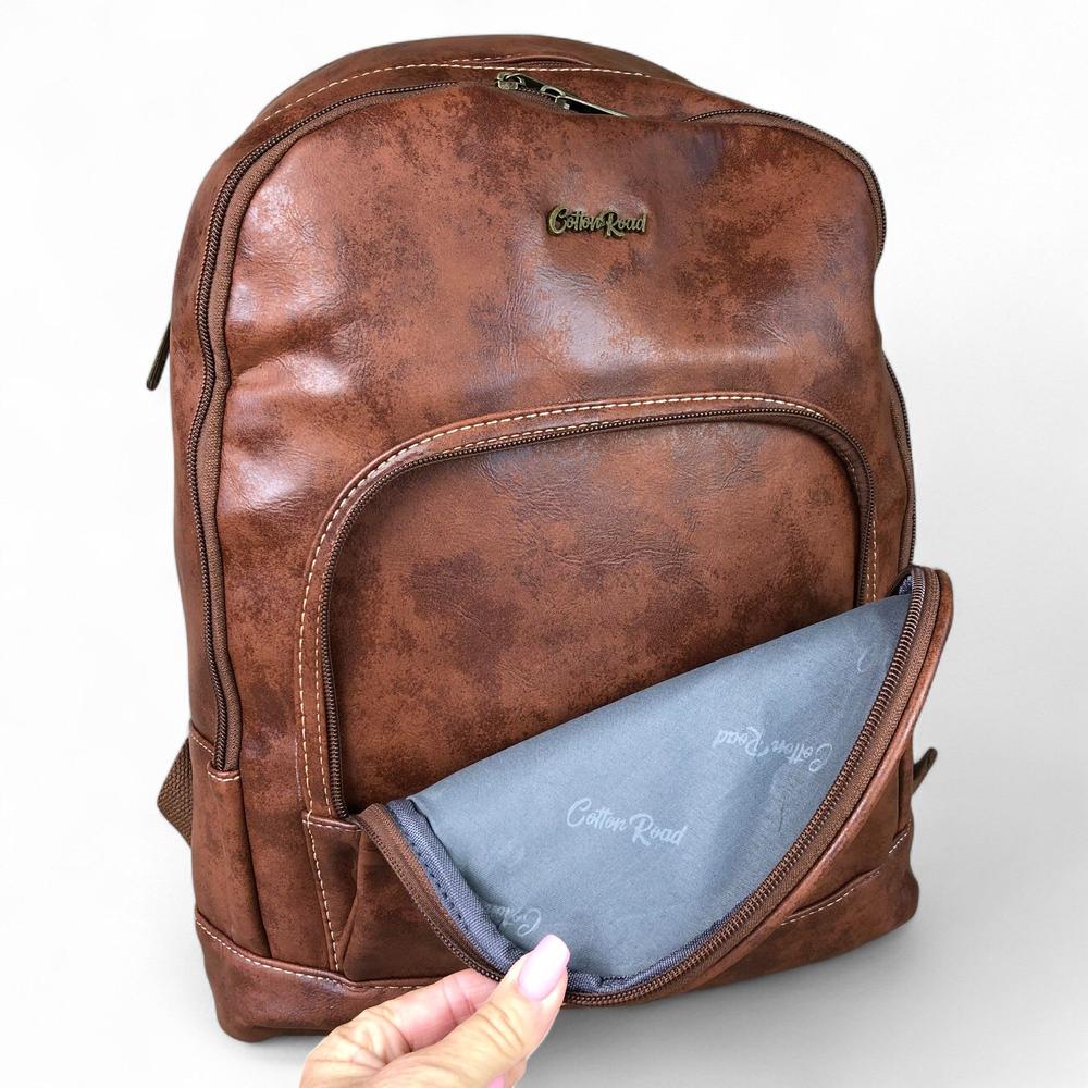 BROWN PU Leather Cotton Road Backpack open front pocket
