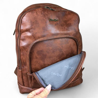 BROWN PU Leather Cotton Road Backpack open front pocket