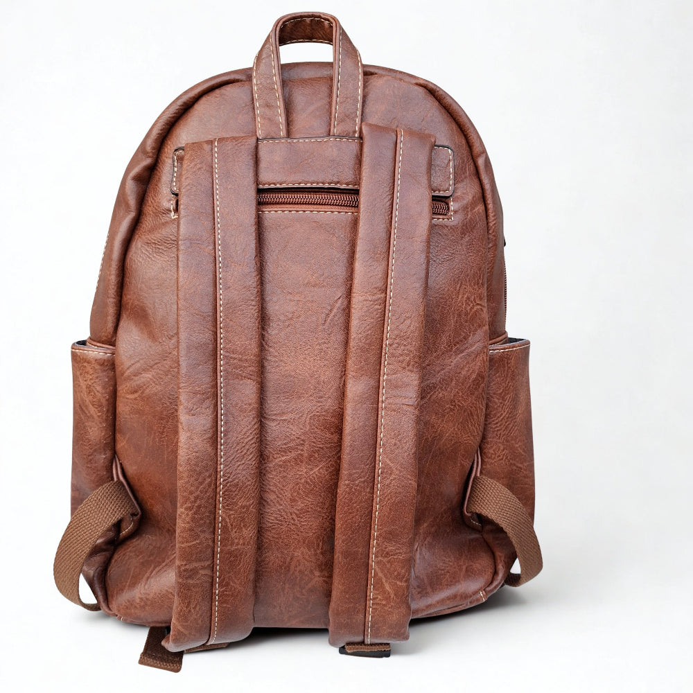 Cotton Road Backpack: BROWN PU Leather Laptop Backpack with Embossed flower stitching