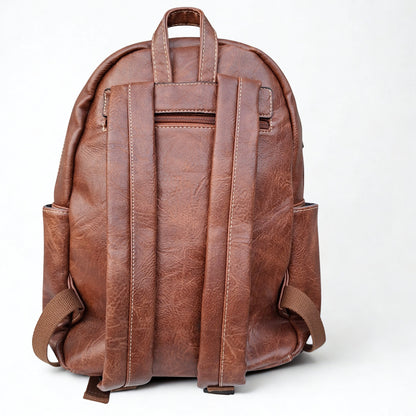 Cotton Road Backpack: BROWN PU Leather Laptop Backpack with Embossed flower stitching