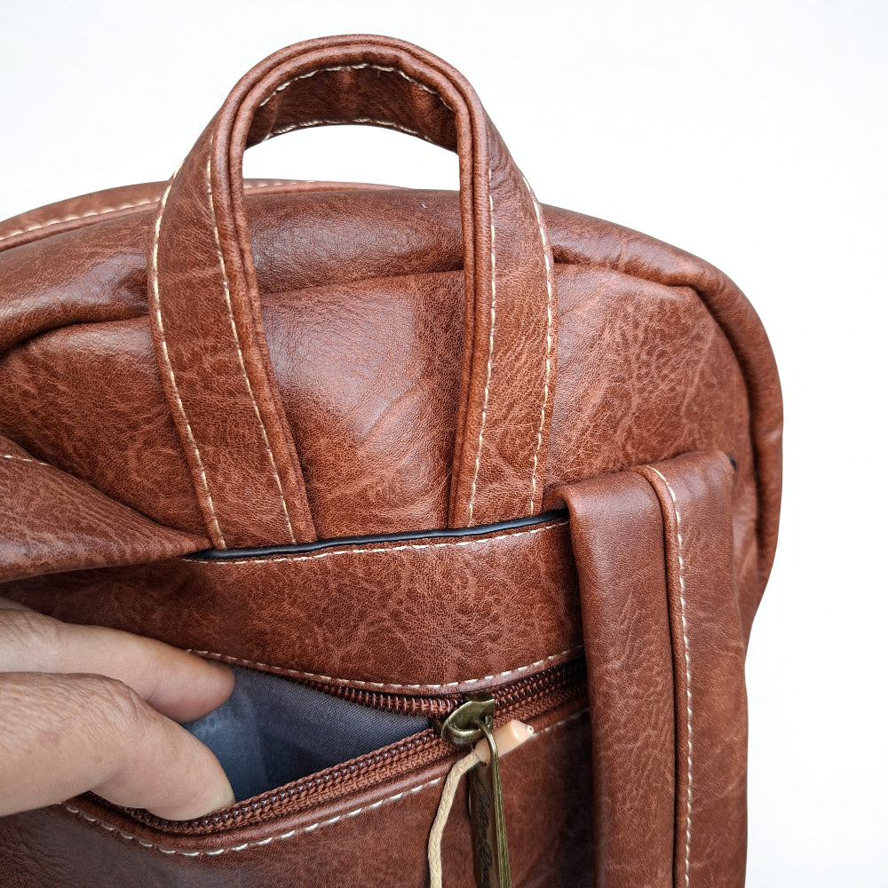 Cotton Road Backpack: BROWN PU Leather Laptop Backpack with Embossed flower stitching back pocet