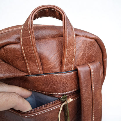 Cotton Road Backpack: BROWN PU Leather Laptop Backpack with Embossed flower stitching back pocet
