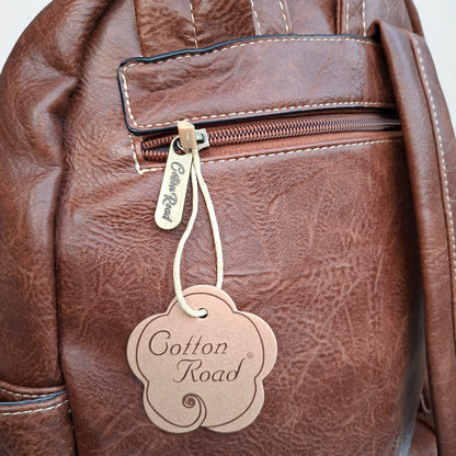 Cotton Road Backpack: BROWN PU Leather Laptop Backpack with Embossed flower stitching