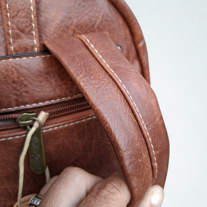Cotton Road Backpack: BROWN PU Leather Laptop Backpack with Embossed flower stitching strap
