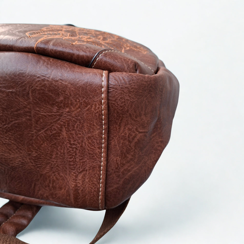 Cotton Road Backpack: BROWN PU Leather Laptop Backpack with Embossed flower stitching bottom