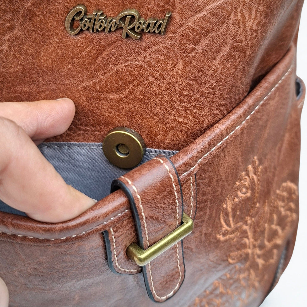 Cotton Road Backpack: BROWN PU Leather Laptop Backpack with Embossed flower stitching clasp