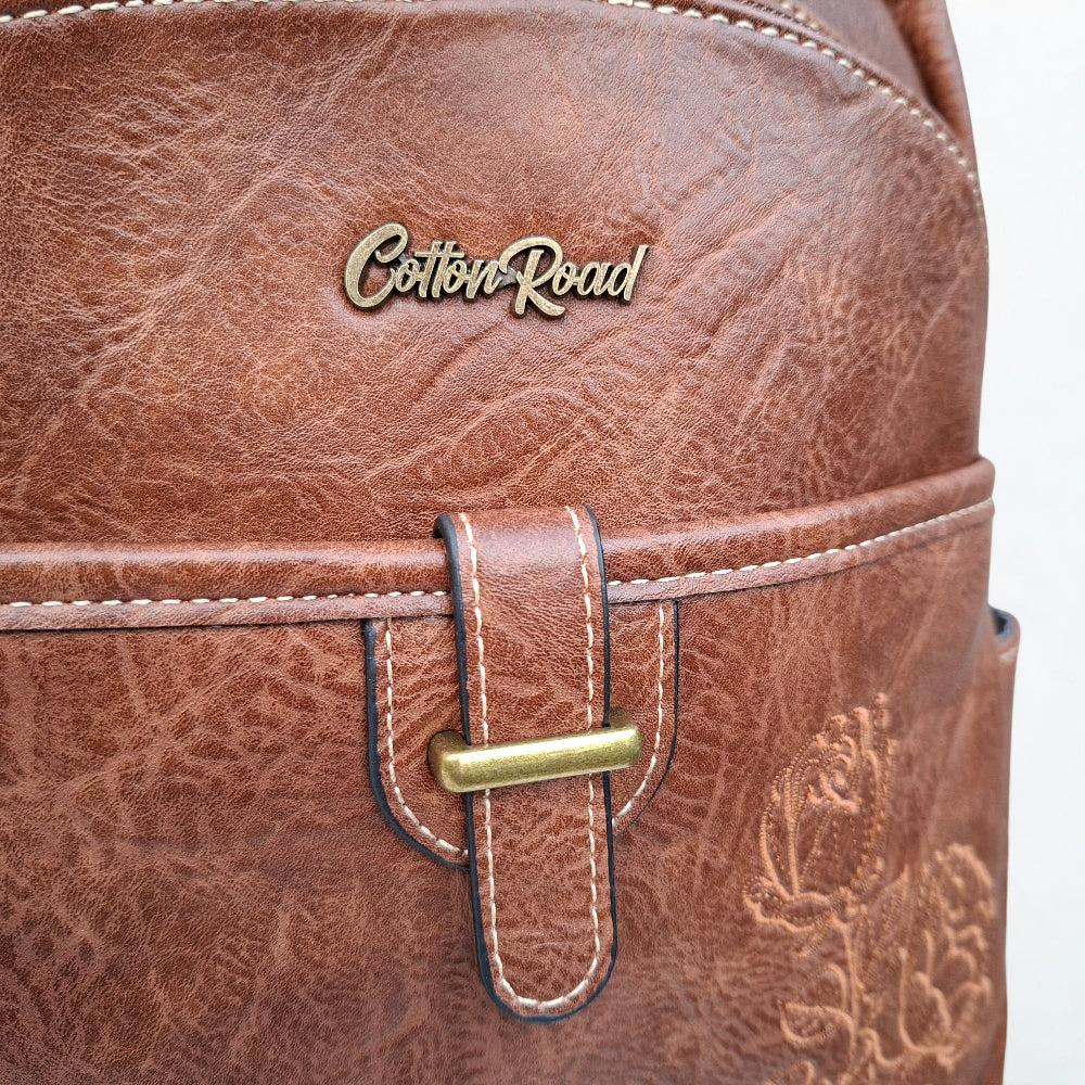 Cotton Road Backpack: BROWN PU Leather Laptop Backpack with Embossed flower stitching branding detail