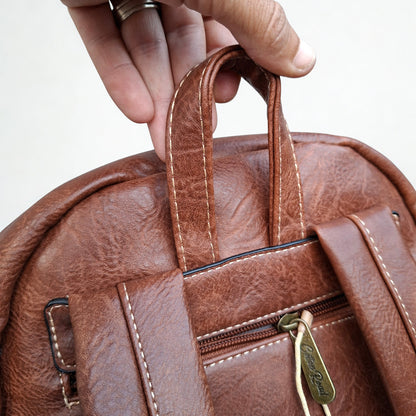 Cotton Road Backpack: BROWN PU Leather Laptop Backpack with Embossed flower stitching handle top